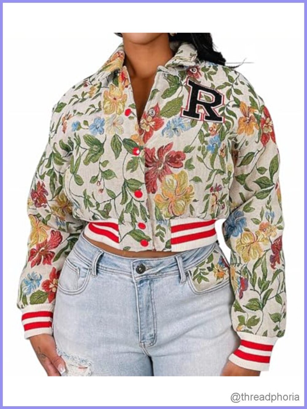 Floral Cropped Bomber Jacket Varsity Letter Patch Long Sleeve